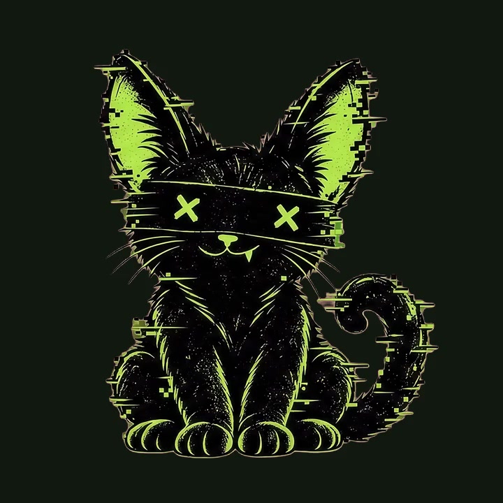 NULLCAT sitting with censored eyes, huge ears and a curled tail.