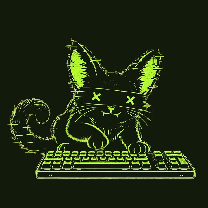 NULLCAT tapping a retro keyboard with its front paws.